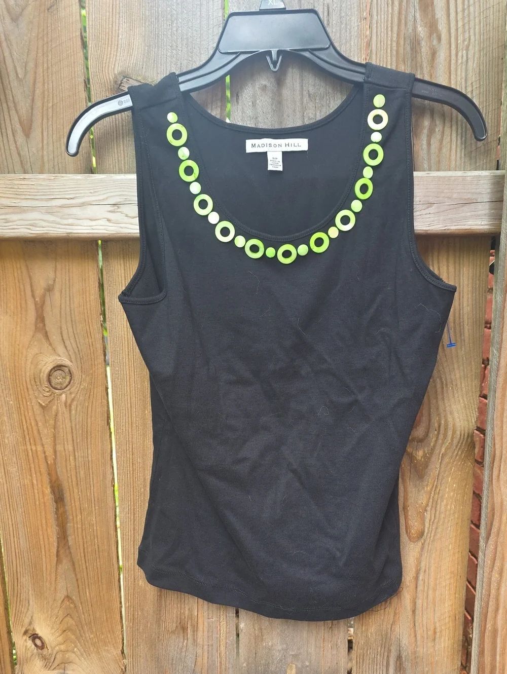 Madison Black Tank with Lime Green Circular Neck Detail